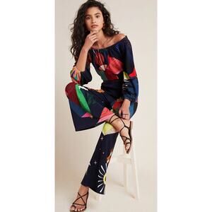 Anthropologie Farm Rio Frances Jumpsuit Multicolor Printed Off Shoulder Wide Leg